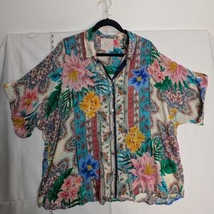 Johnny Was Jade Women's Clover Floral Button Down Shirt XL Boho Flowy Hippie